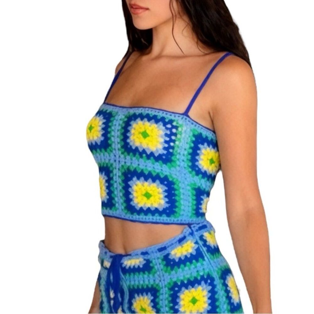 Zara Crochet Granny Square Crop Top Blue Floral Size S Y2K